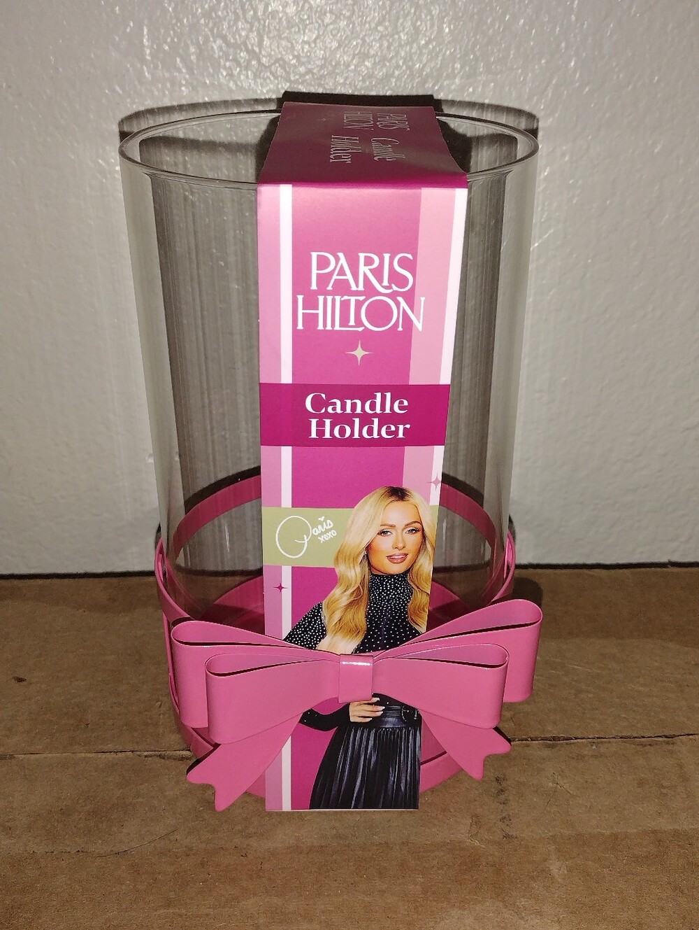 PARIS HILTON CANDLE HOLDER PINK METAL BOW WITH GLASS CYLINDER CANDLE HOLDER NEW